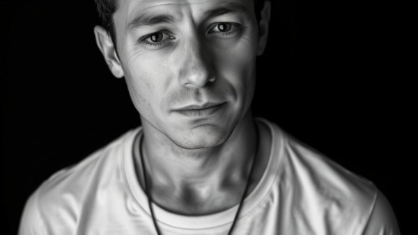 Monochrome portrait of a person with calm expression.