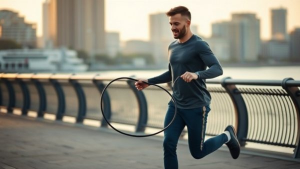 Athletic man exercising with jump rope at waterfront, energy expenditure exercise.