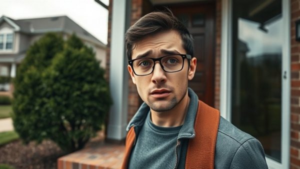 Volunteer delivery driver at doorstep, concerned expression, suburban setting.