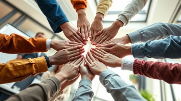 Hands forming a unity circle in workplace, symbolizing respect.
