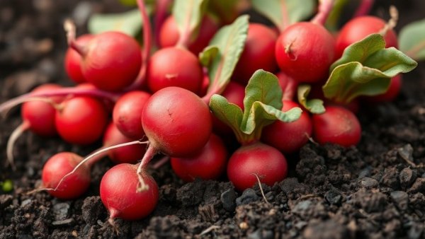 Vibrant radishes growing in healthy soil, linking soil to health.