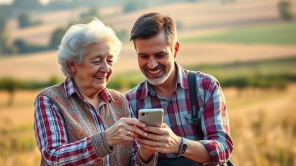 Young man using smartphone to assist elderly woman in rural area for tuberculosis detection app.