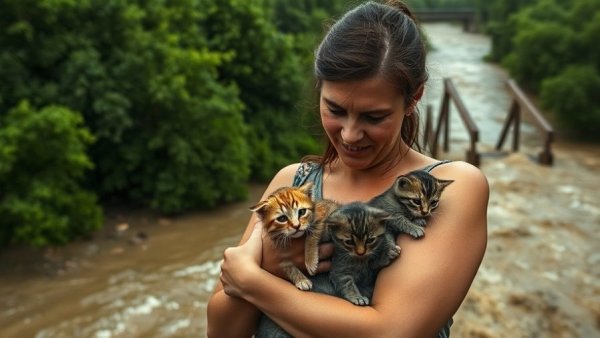 Caring woman holds kittens during Hawaii floods cat rescue.