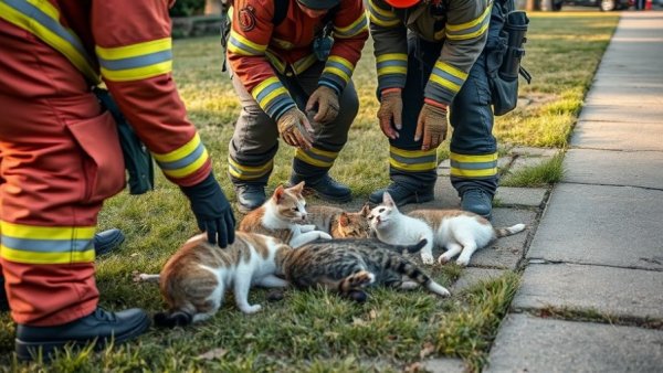Firefighters revive cats after apartment fire, outdoor scene.
