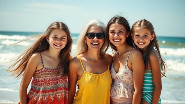 Single mother and daughters enjoy beach day, vibrant family moment.