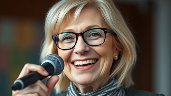 Smiling older woman with glasses holding microphone, positive business conversation
