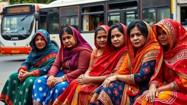 Women in traditional attire sitting together in a city setting.