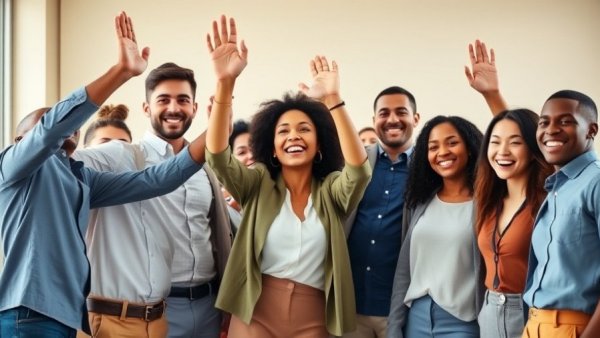 Joyful group raising hands in unity, highlighting the joy gap in the workplace.
