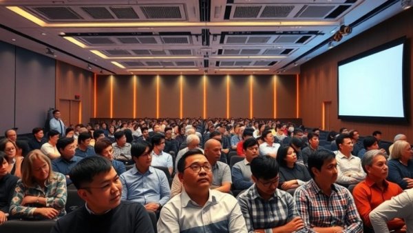 Attentive audience at a modern conference discusses Paris 2024 Olympics controversies.