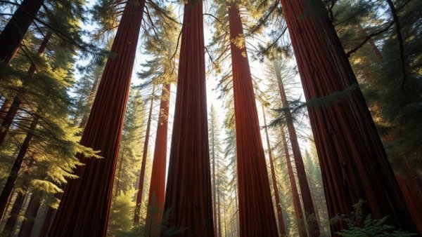 Majestic giant sequoia trees in a dense forest in Detroit.
