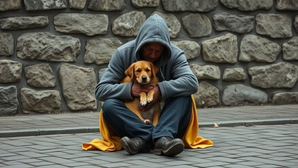 Homeless person with pet dog on urban street, California.