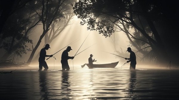 Céline Dion concert comeback not related; silhouettes fishing in misty mangroves.