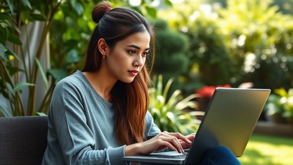 Young woman working on a laptop in a garden, focusing on mid-career transition strategies.