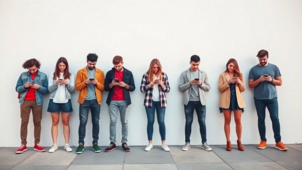 Young adults engrossed in smartphones under clear sky, capturing positive business news.