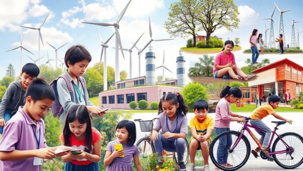 Schools Going Green: Wind turbines, students collaborating outdoors.