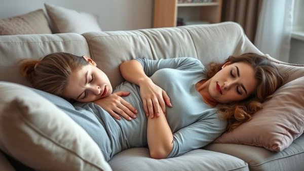 Young woman experiencing discomfort on couch; Philadelphia workplace accommodations.