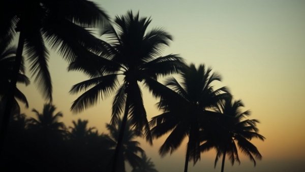 Silhouetted palm trees against a green-yellow sky, creating a mysterious atmosphere.