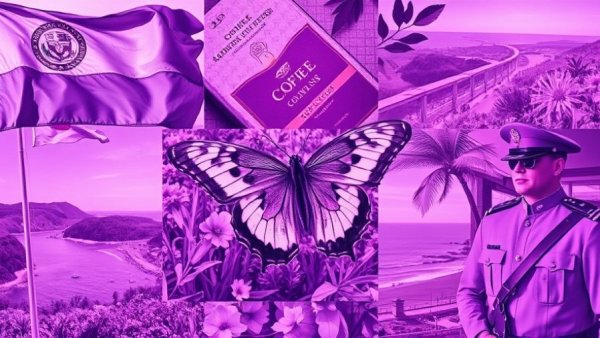 Collage featuring flag, coffee, butterfly, coast, person in purple tone.