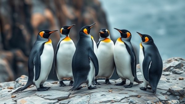 Group of penguins on a rocky cliff, highlighting wildlife conservation progress.