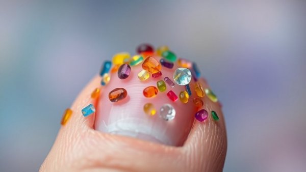 Close-up of colorful microplastics on fingertips.