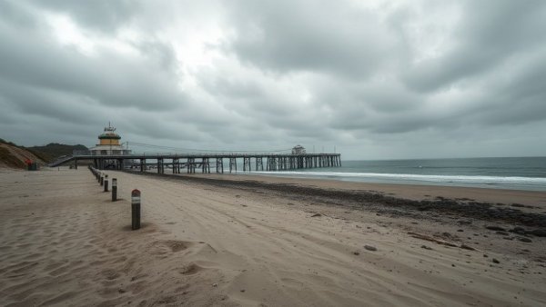 Overcast beach with warning signs along the sandy shore.