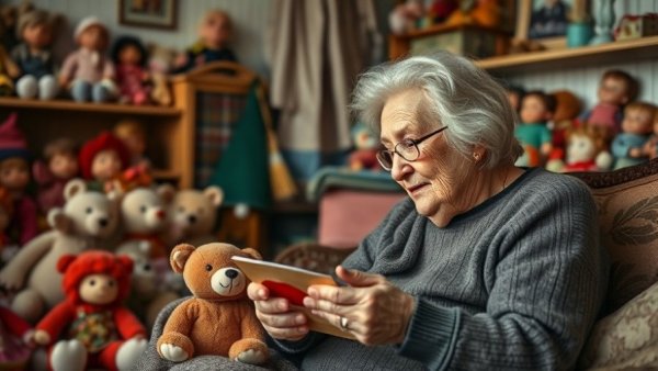 Elderly woman reading card in a Teddy Bear Hospital setting.