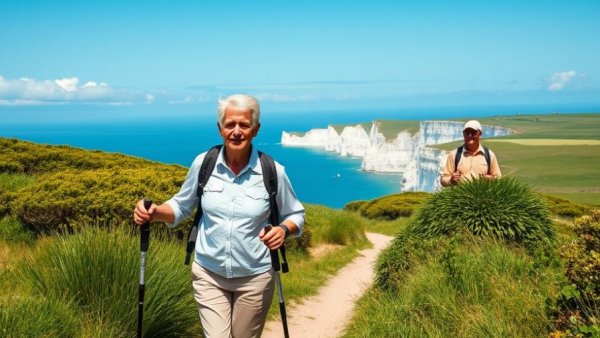 Older adults walking along a coastal path, daily habit for longevity.