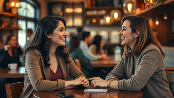 Women conversing in cafe speed friending event