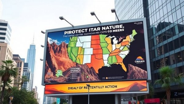 Digital billboard promoting symbolic stock in national parks, USA map highlights
