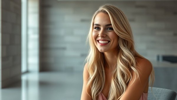 Elegant woman smiling in a modern setting for Celine Dion New Shows.