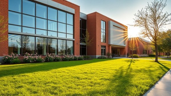 Modern Student Success Center with large windows and brick facade in morning light.