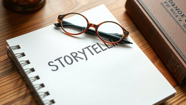 Notebook with 'STORYTELLING' and pen on desk, emphasizing the power of storytelling in business.