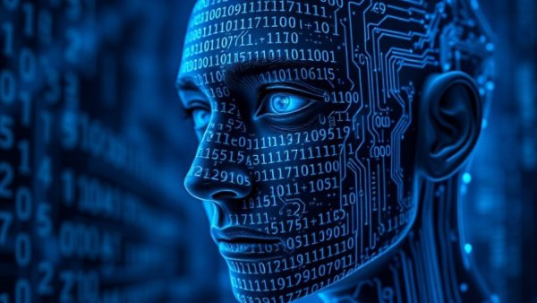 Digital face with circuitry representing AI in journalism