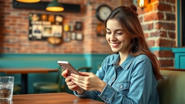 Young woman in a cafe smiling at her smartphone, ways to control your digital life.