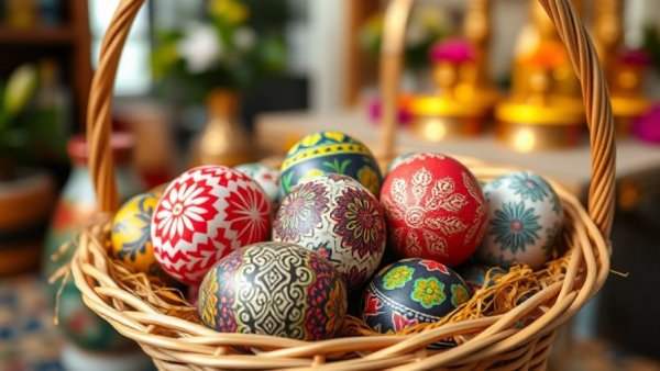 Ornately patterned Easter eggs in a basket showcasing Easter traditions around the world.