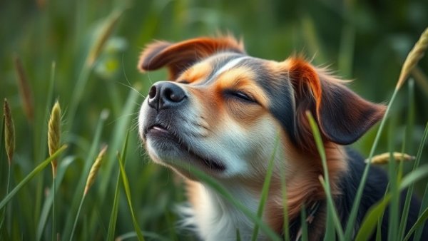 Dog sniffing air for detecting Parkinson's in a grassy field.