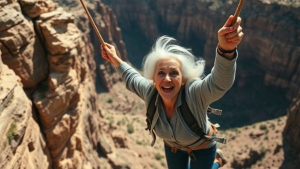 78-year-old woman rope swing adventure on cliffside