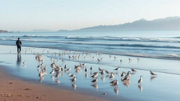 Shorebirds gathering on a tranquil beach as waves reach shore.