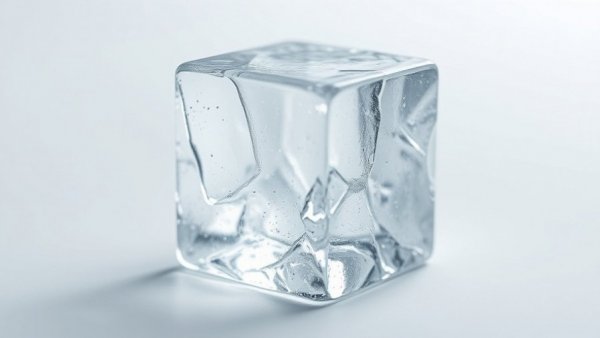 Clear ice cube with crystalline surface reflecting light.