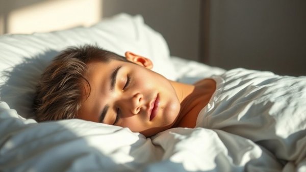 Young man sleeping peacefully in bed, illustrating science of sleep positions.