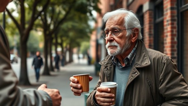 Universal Basic Income for Homeless support scene on city sidewalk.