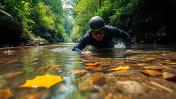 Person in wetsuit snorkels in a forest stream, California giant salamander discovery context.