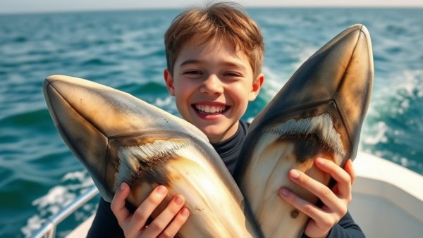 Excited teen discovers large megalodon tooth on a boat.