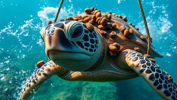 Rescued Turtle Embracing Conservation Efforts, vibrant marine life.