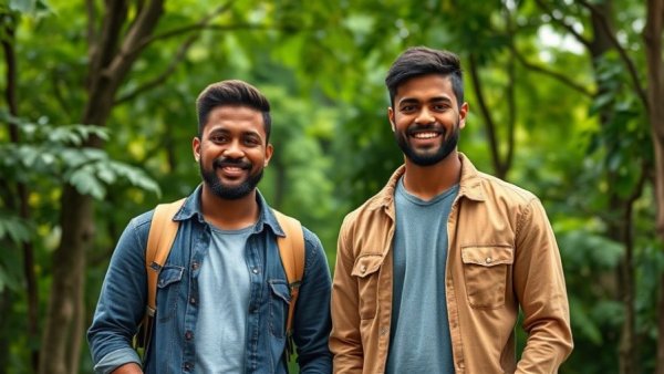 Two men standing outdoors in front of a forest