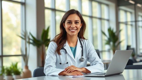 Confident female doctor smiling in a modern office, reproductive rights advocate.