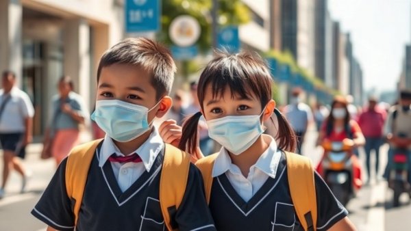 School children staying cool and safe in summer heat.