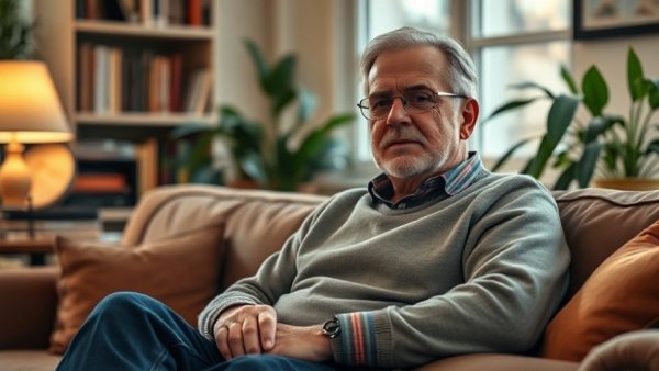 Middle-aged man relaxing in a cozy living room for care work for over-50s.