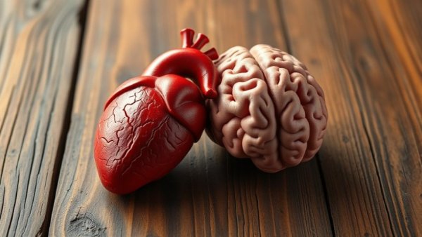 Heart and brain on wooden table symbolizing health guidelines.
