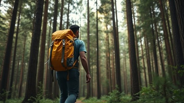 Hiker with large backpack in forest, connection to nature improves well-being.